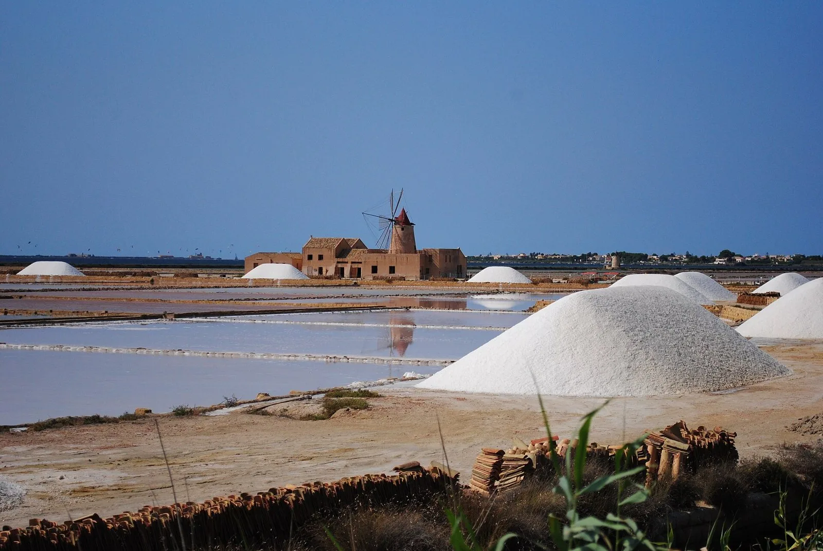 Saline Ettore e Infersa con cumuli di sale bianco in primo piano, vasche d'acqua e il mulino a vento sullo sfondo